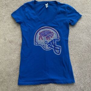 Blue V-Neck T-Shirt with Rhinestone buffalo Design